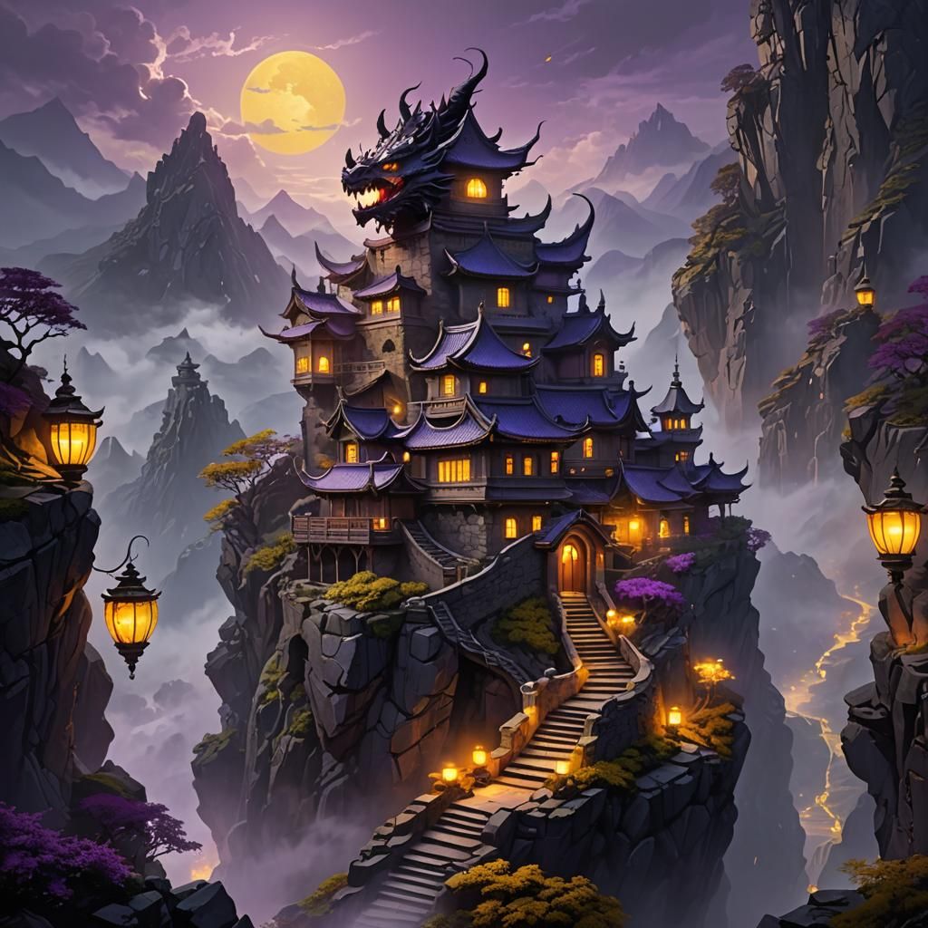 Dragon House on Misty Mountain in Dark Fantasy Art