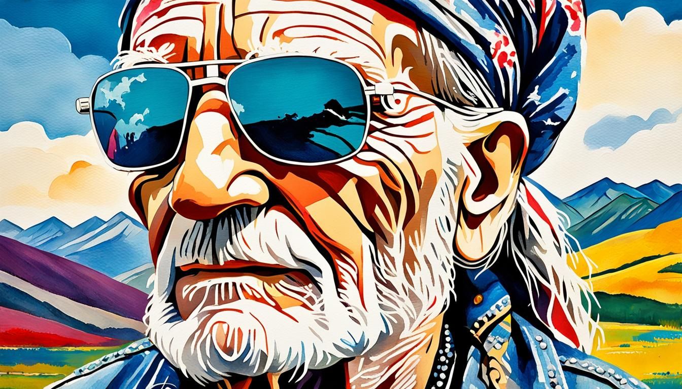 Young Willie Nelson Portrait in Pop Art Watercolor