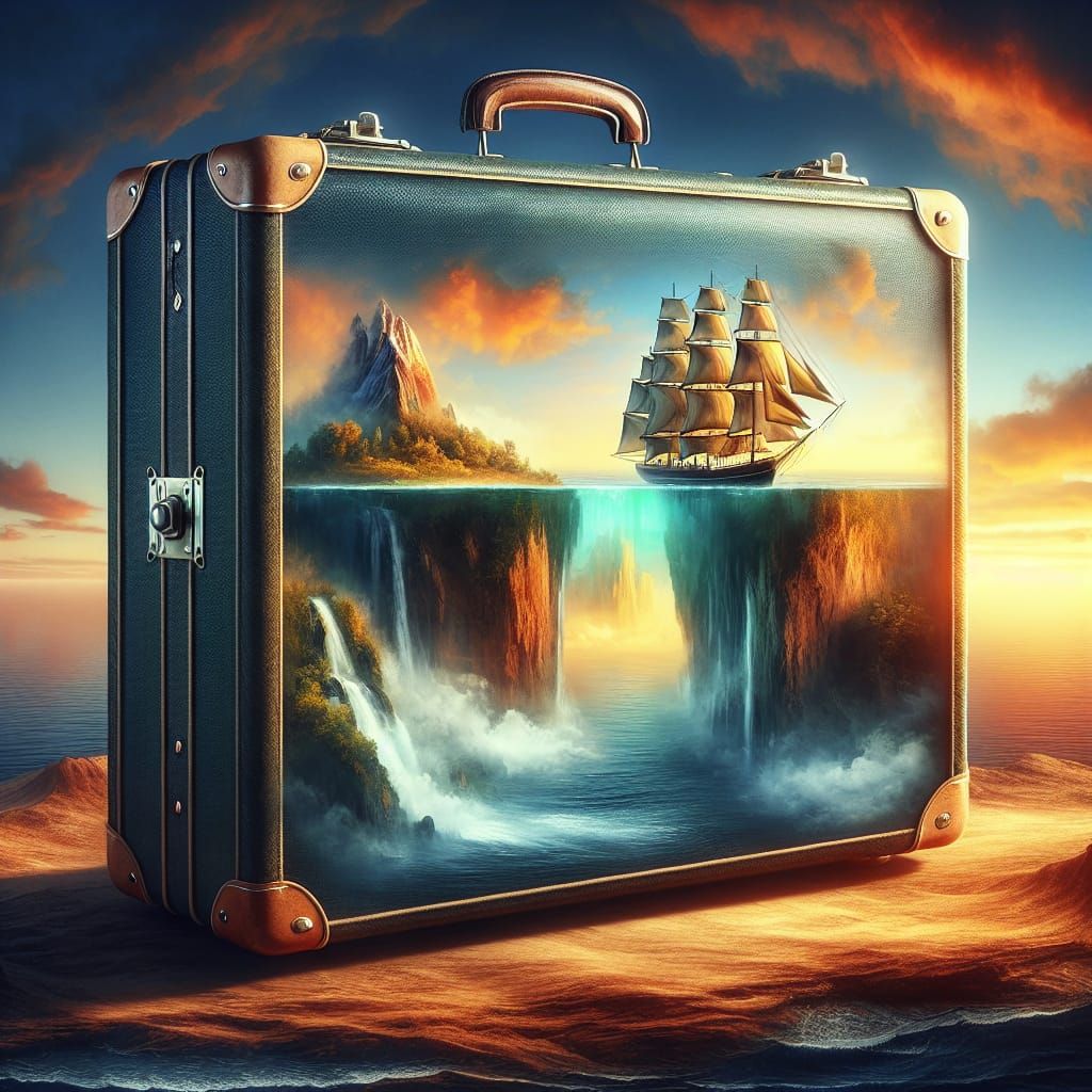 Island and Sailboat Suitcase: Surreal Digital Artwork