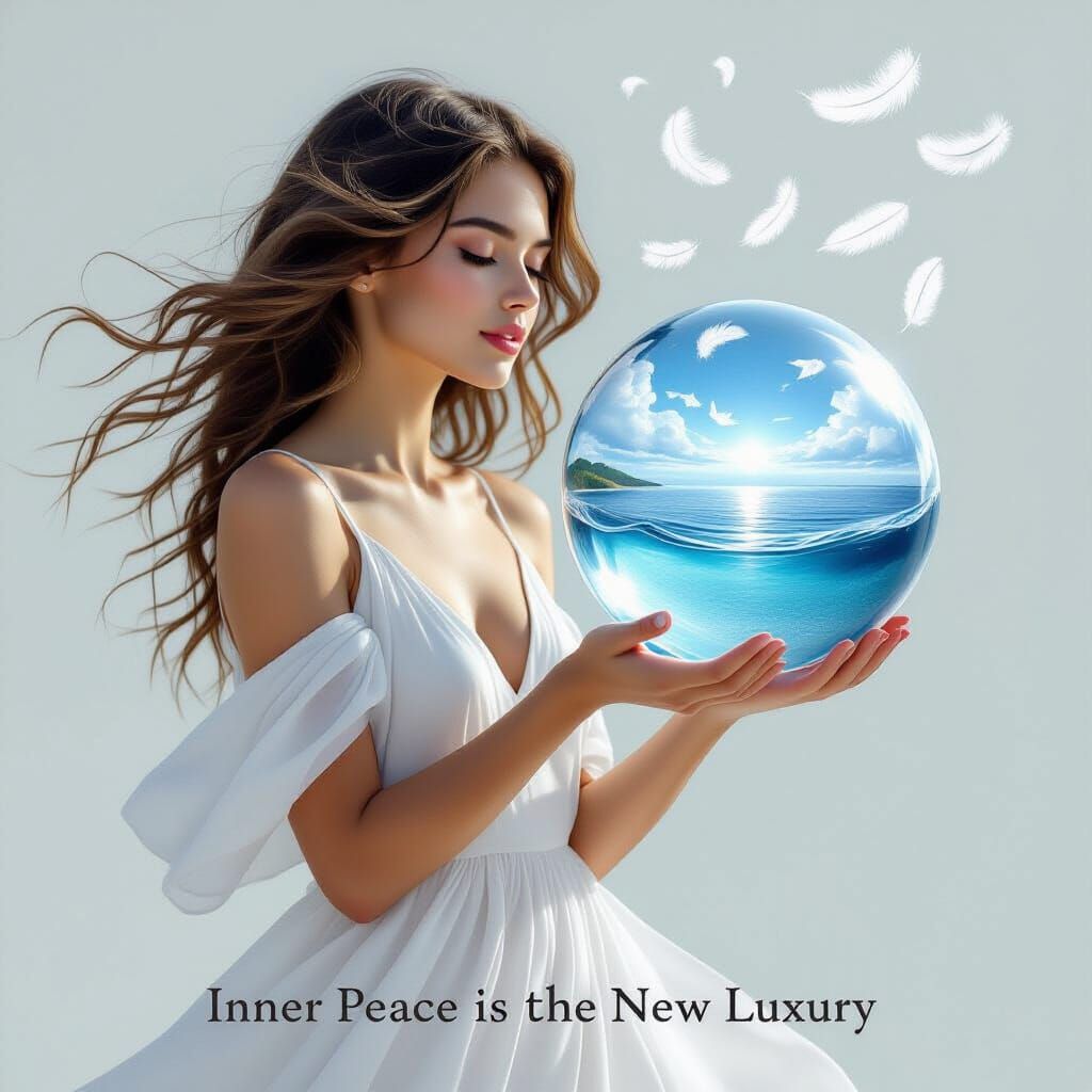 Woman in White Dress Holds Serene Seascape Sphere