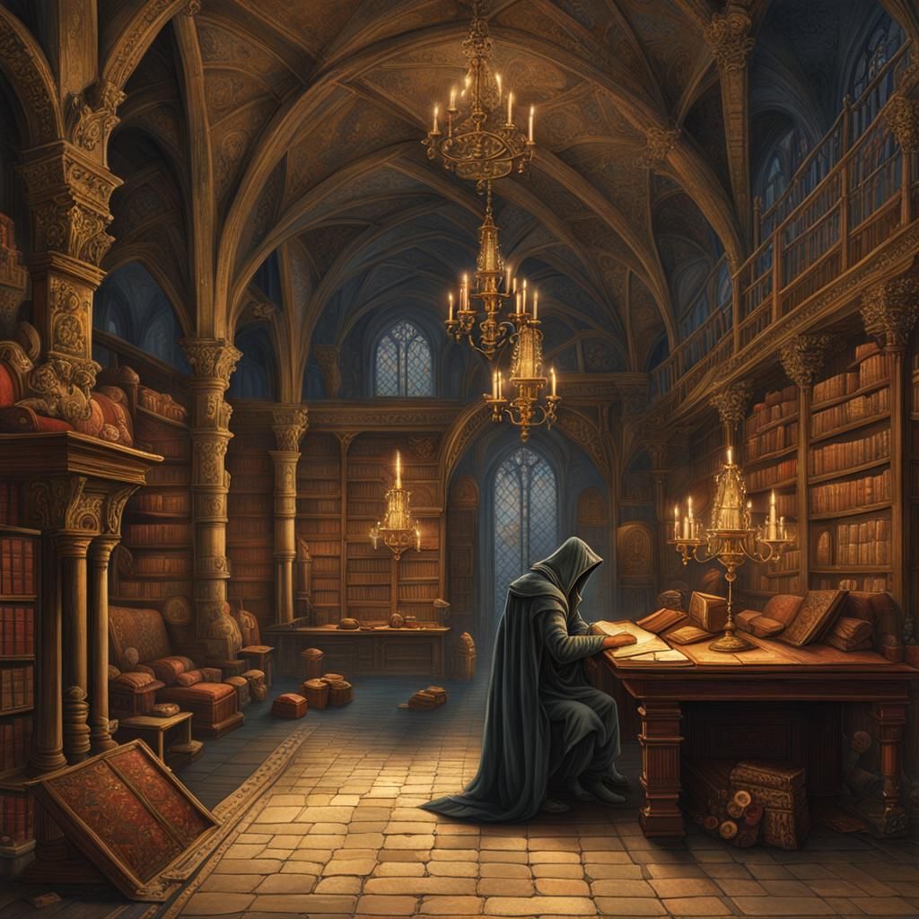 Hooded Man Contemplates Medieval Lair's Secrets
