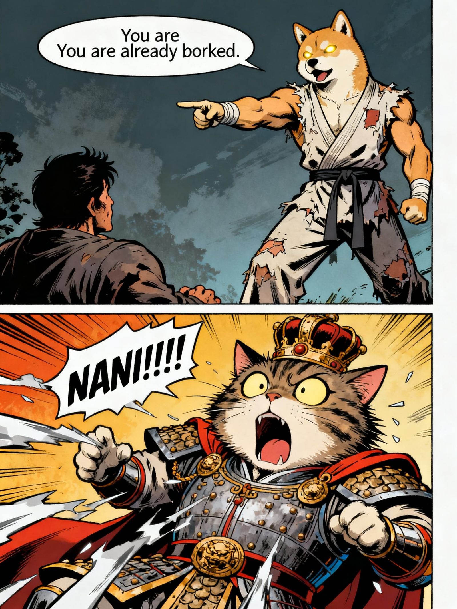Kenshiba the Shiba Inu Barks at Villain Cat in Comic Panel