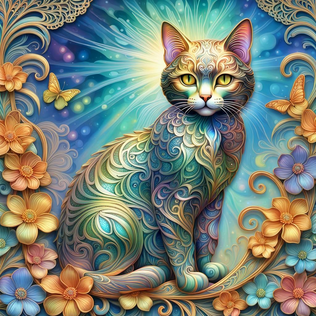 Iridescent 3D Hologram Cat with Floral Motifs