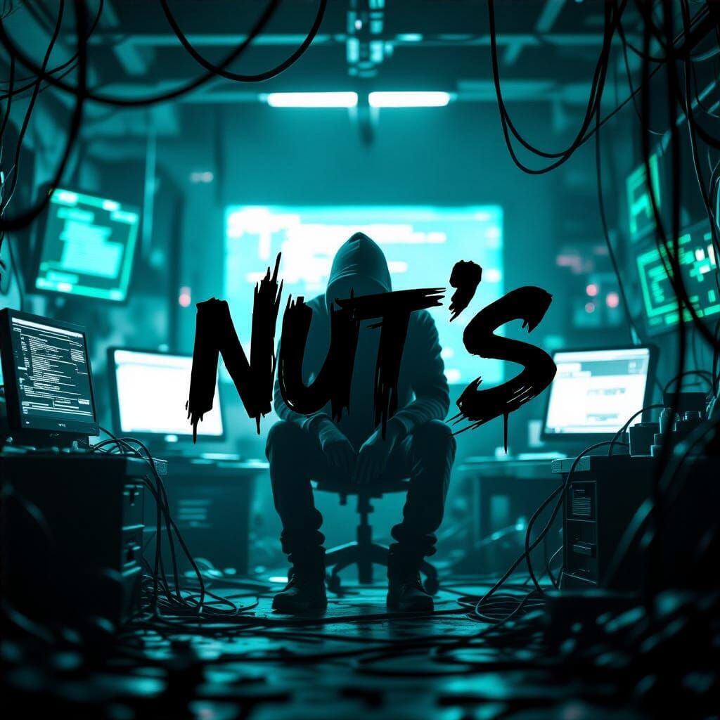 Gritty Hacker Lair with Graffiti Text "NUT'S"
