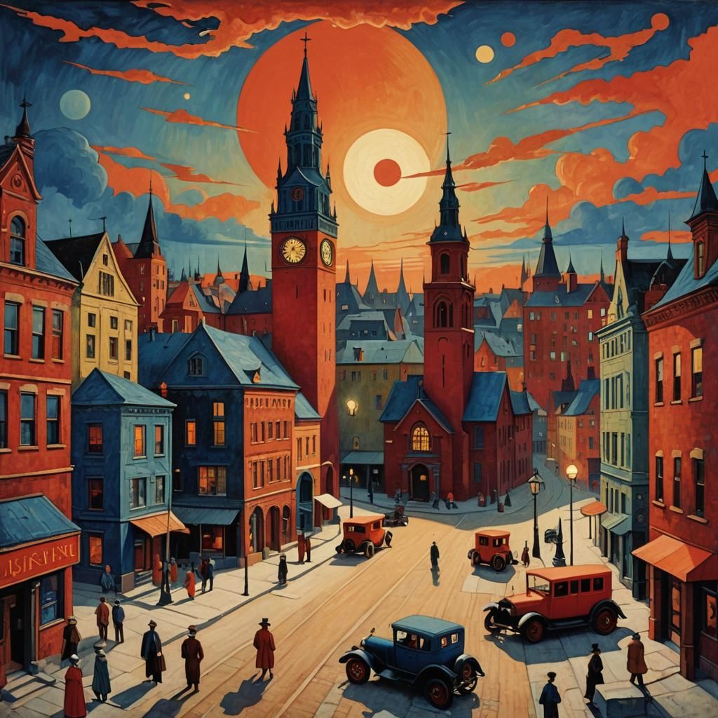 Midwestern Town Under Two Suns in Art Deco Style