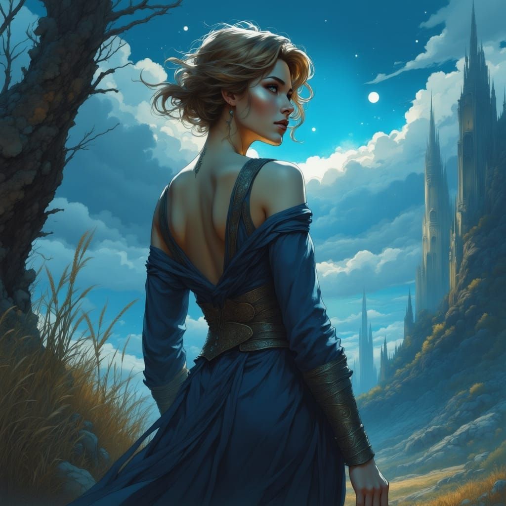 Norse Goddess in Dark, Smoky Landscape