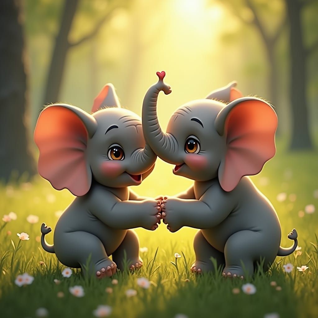 Baby Elephants' Heartwarming Gesture in Magical Meadow