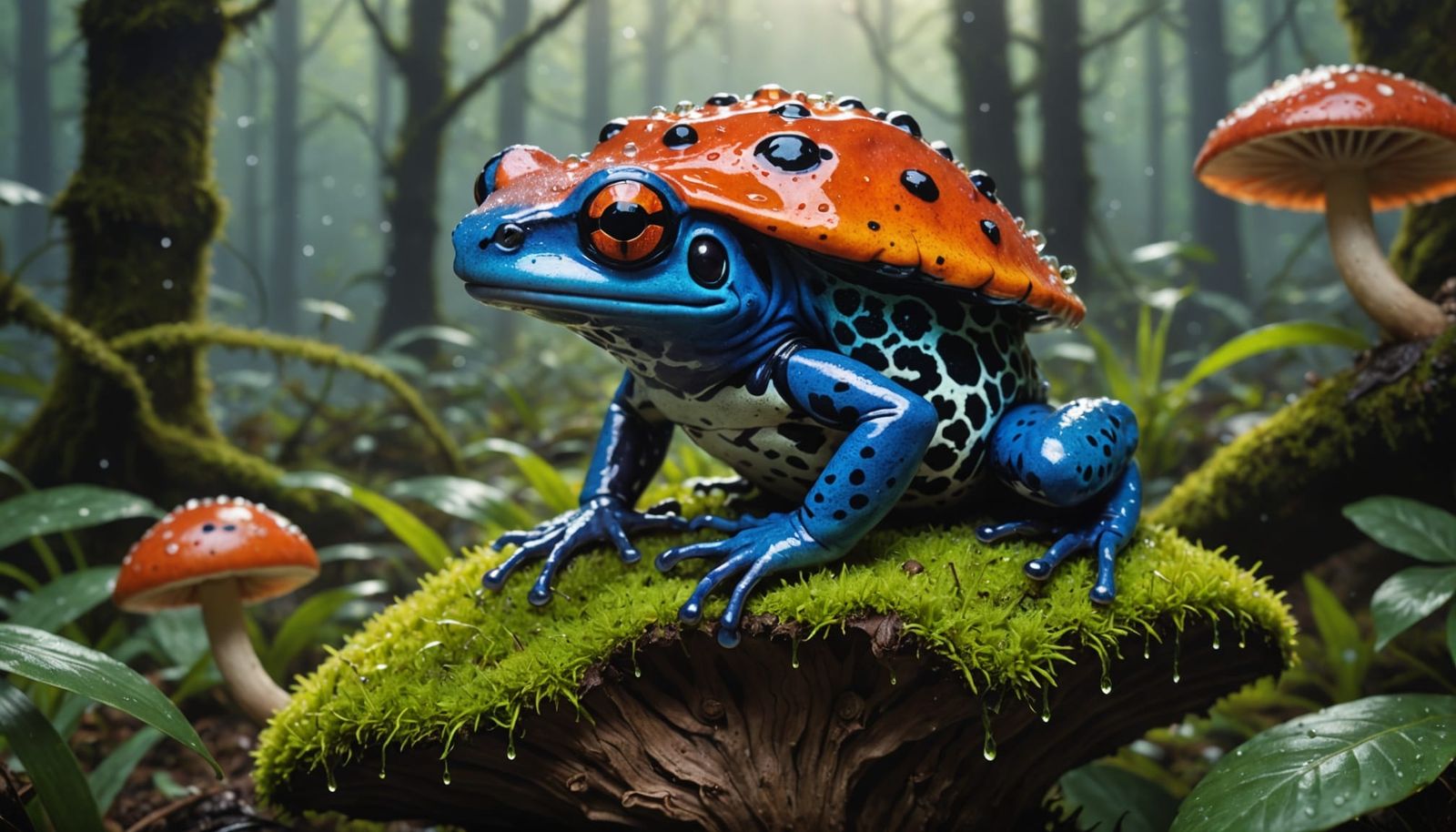 Poison Dart Frog on Giant Mushroom in Enchanted Forest