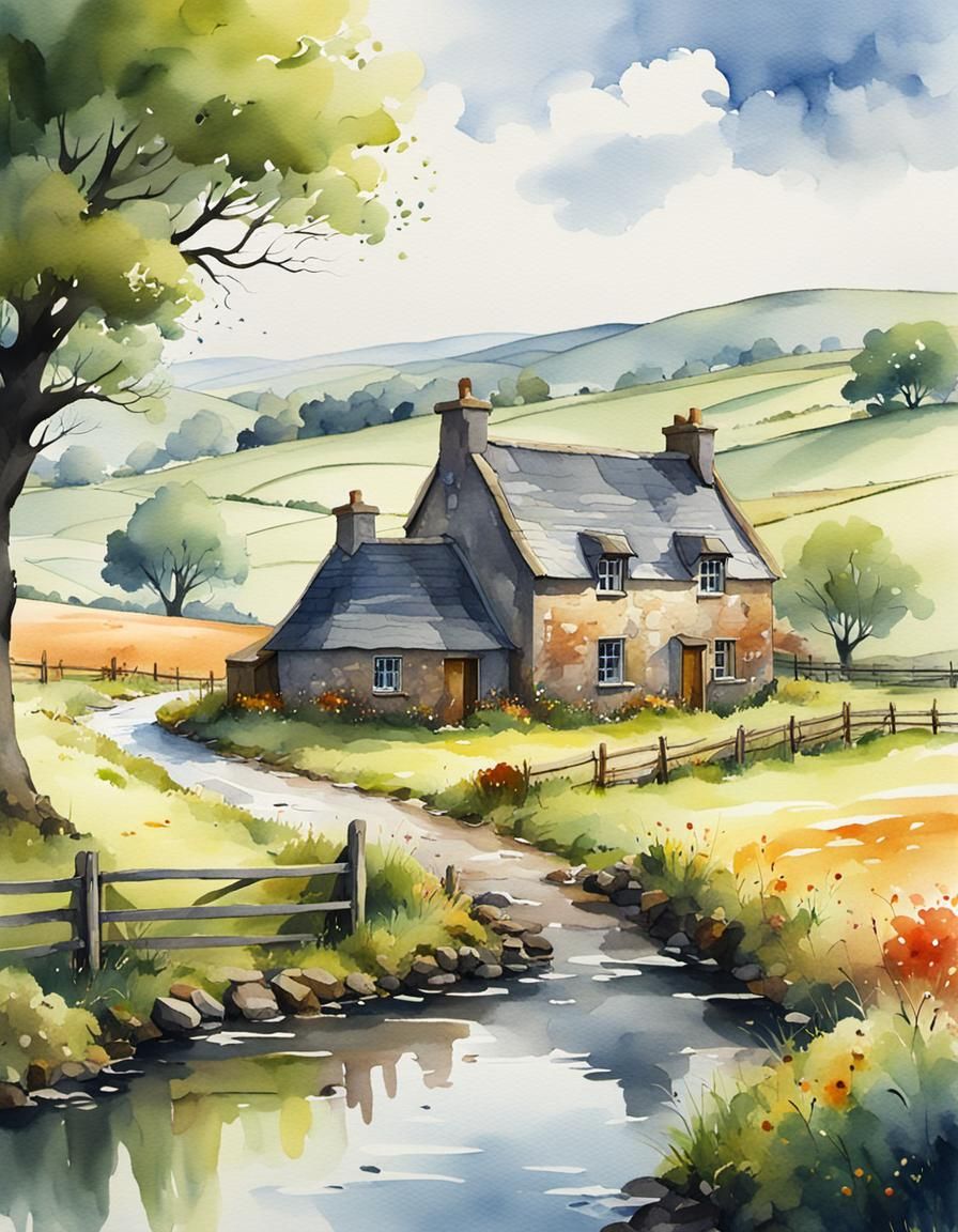 Irish Farm Landscape in Detailed Watercolor