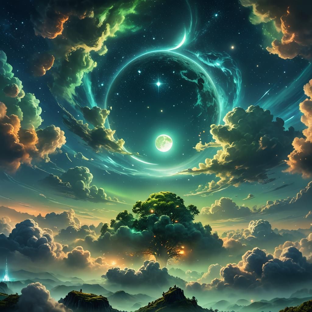 Breathtaking Blue and Green Night Sky with Two Moons