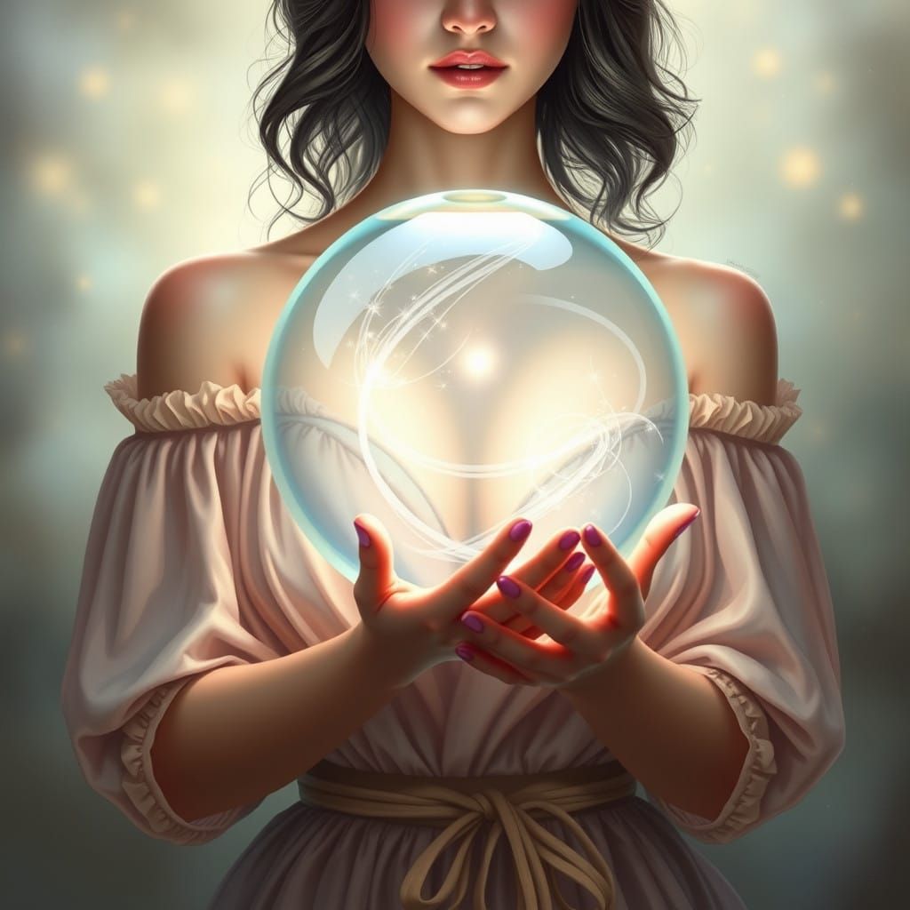 Woman in Enchanted Forest with Glass Orb and Ethereal Sparkl...