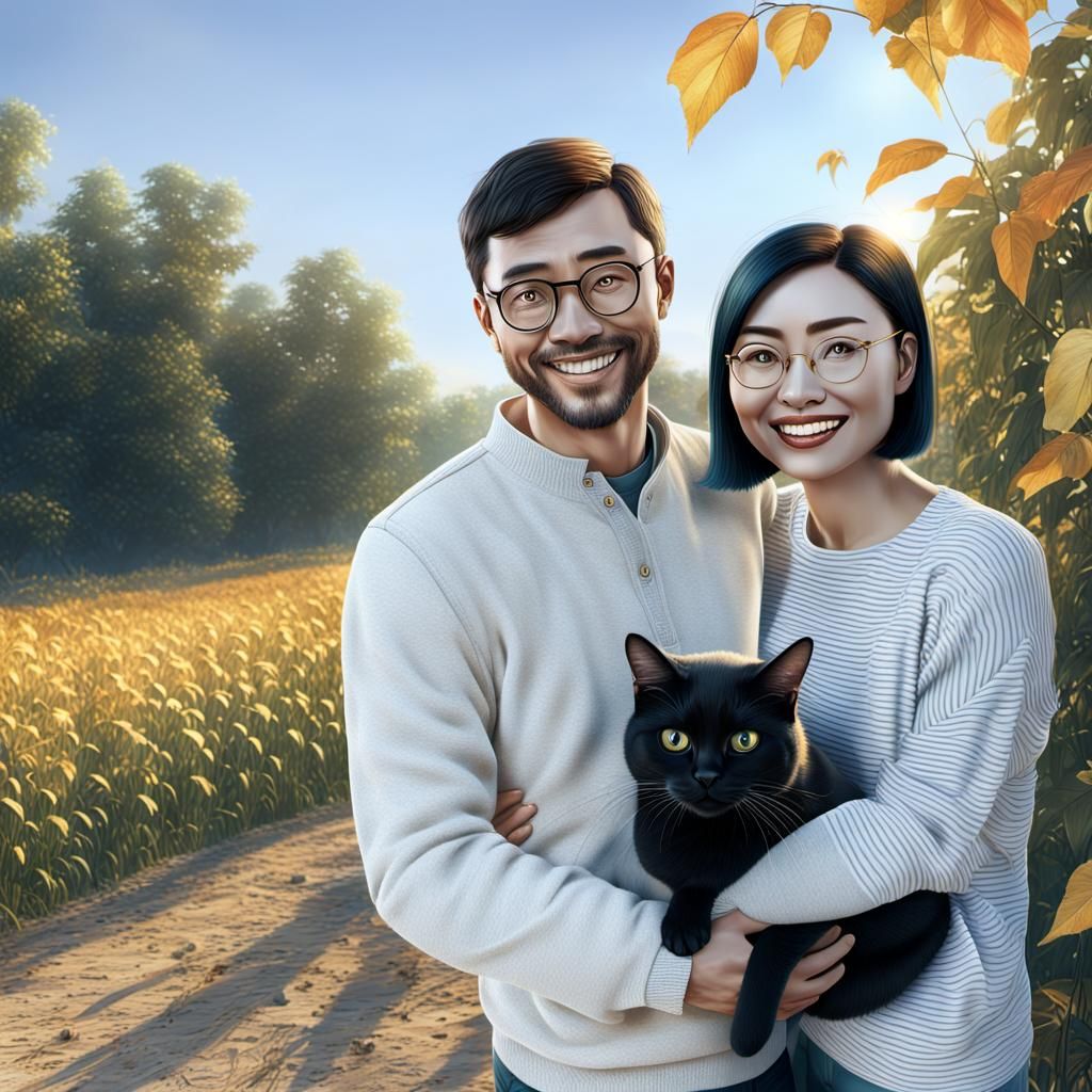 Mixed Couple with Cats in Vibrant Digital Painting