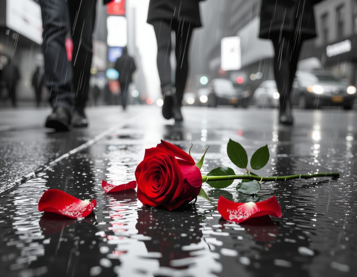 Red Rose Crushed in City Rainstorm - B&W Digital Matte Paint...