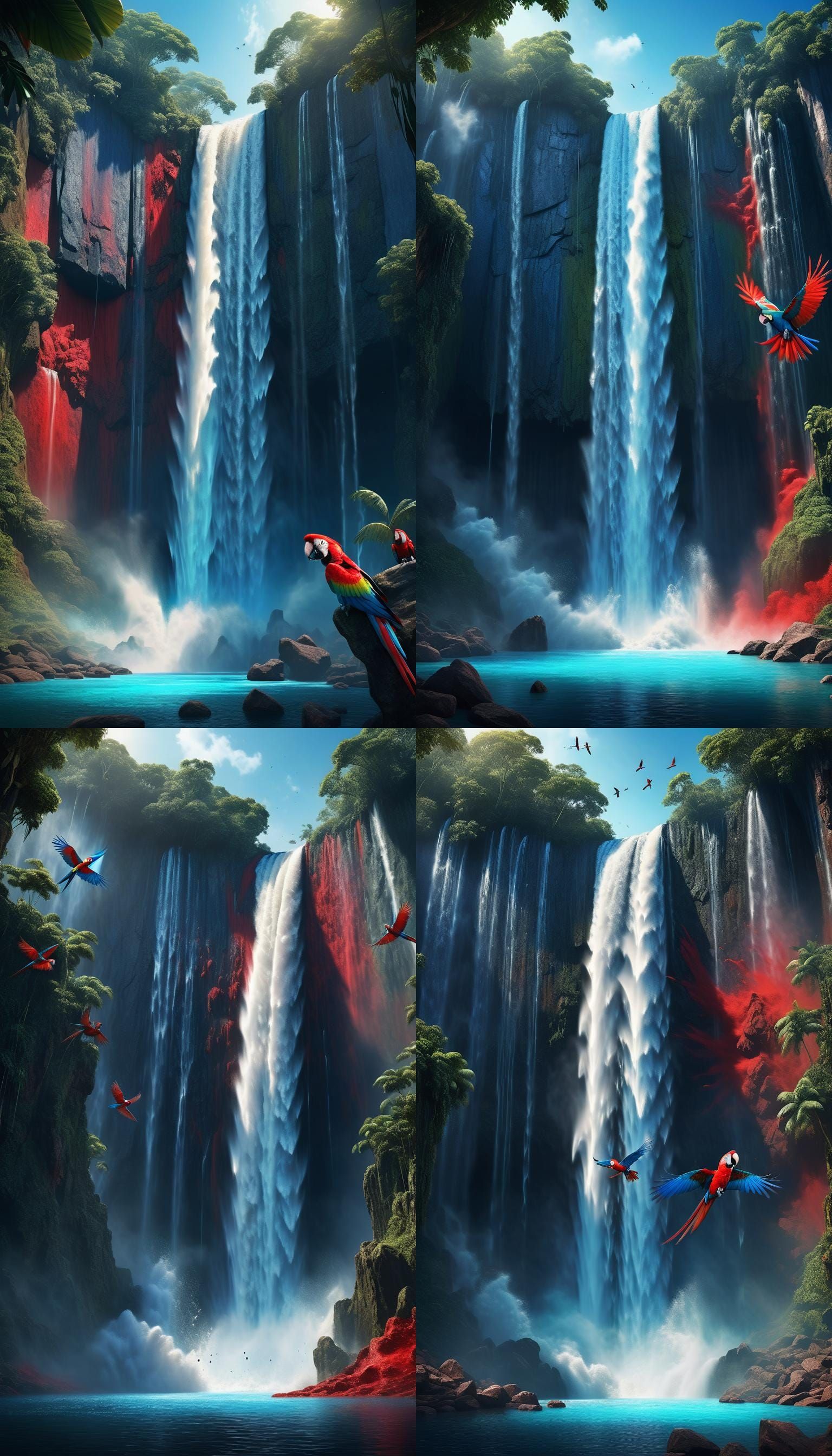 Macaws Fly from Waterfall Gap in Detailed Matte Painting