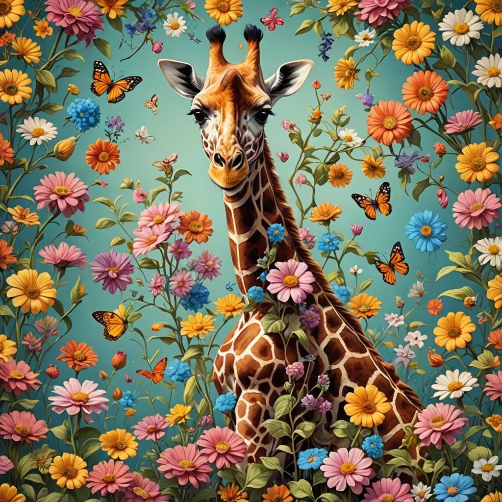 Giraffe in Flowers: Vintage Animated Realism