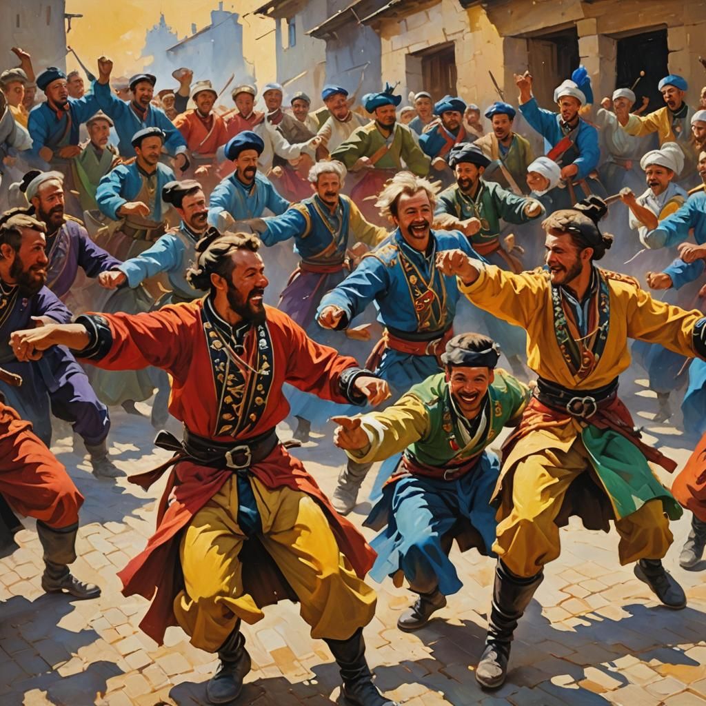 Cossack Dance in Impressionistic Oil Painting Style