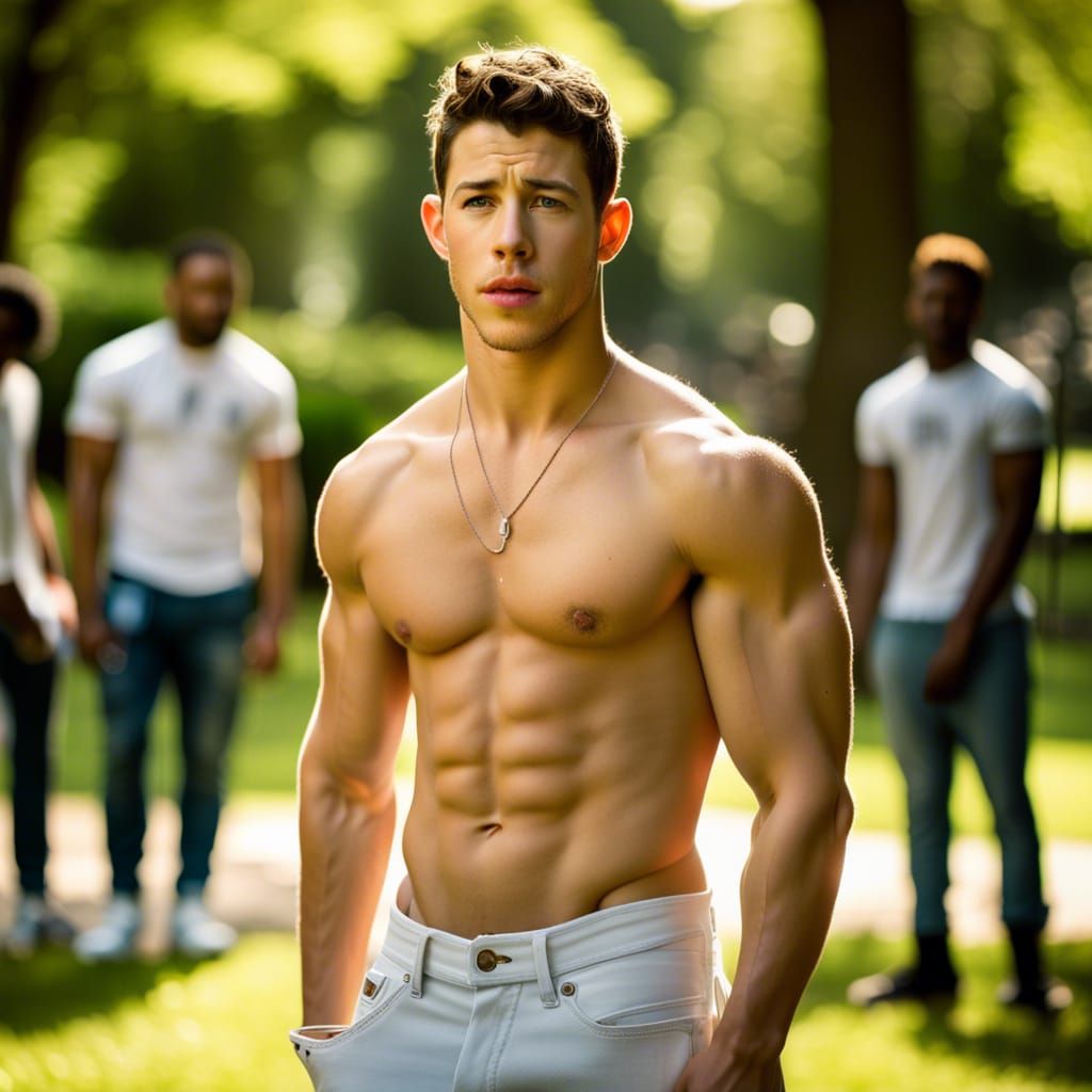 Nick Jonas Shirtless Portrait in Park, Natural Lighting