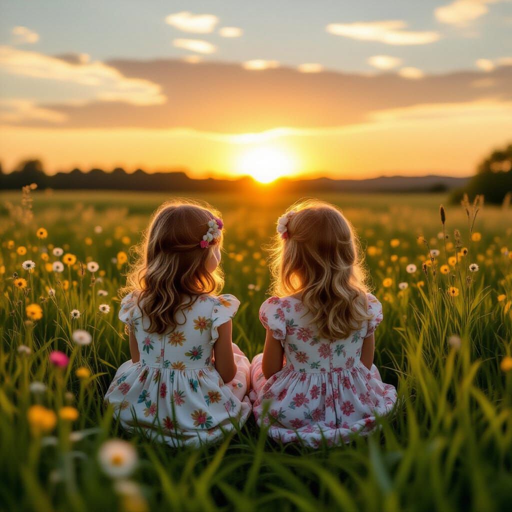Sisters Watch Sunset in Lush Field, Photographic Style