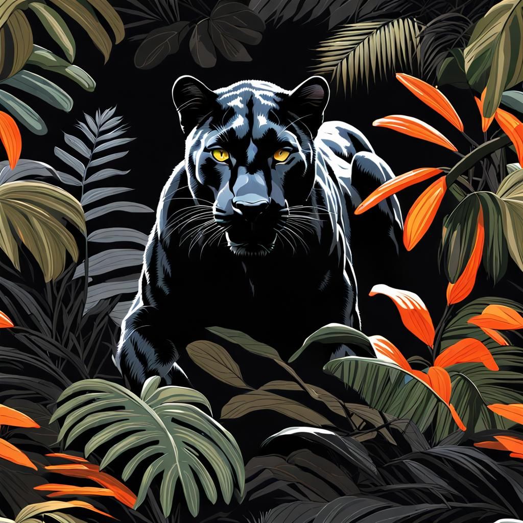 Black Panther Crouching in Dark Jungle, Impressionist Gouach...