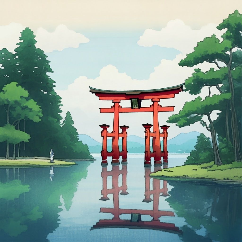 Japanese Watercolor Landscape with Red Torii Gate