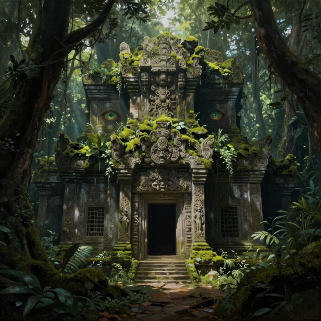 Ancient Jungle Palace with Mysterious Eyes in Oil Painting S...
