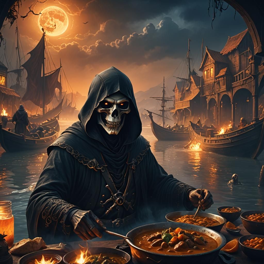 Grim Reaper Enjoys Curry on River Styx