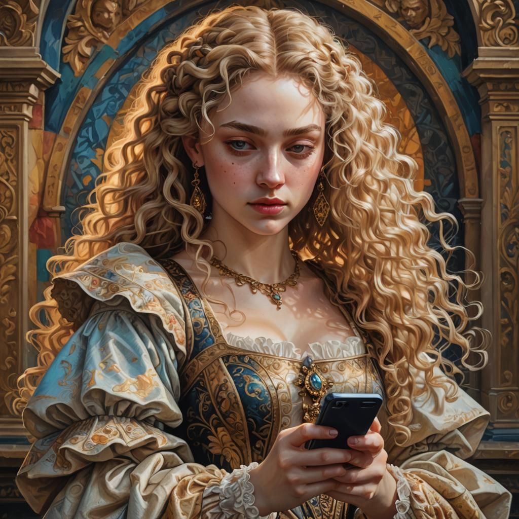 Renaissance Girl with Smartphone: Hyperrealistic Portrait