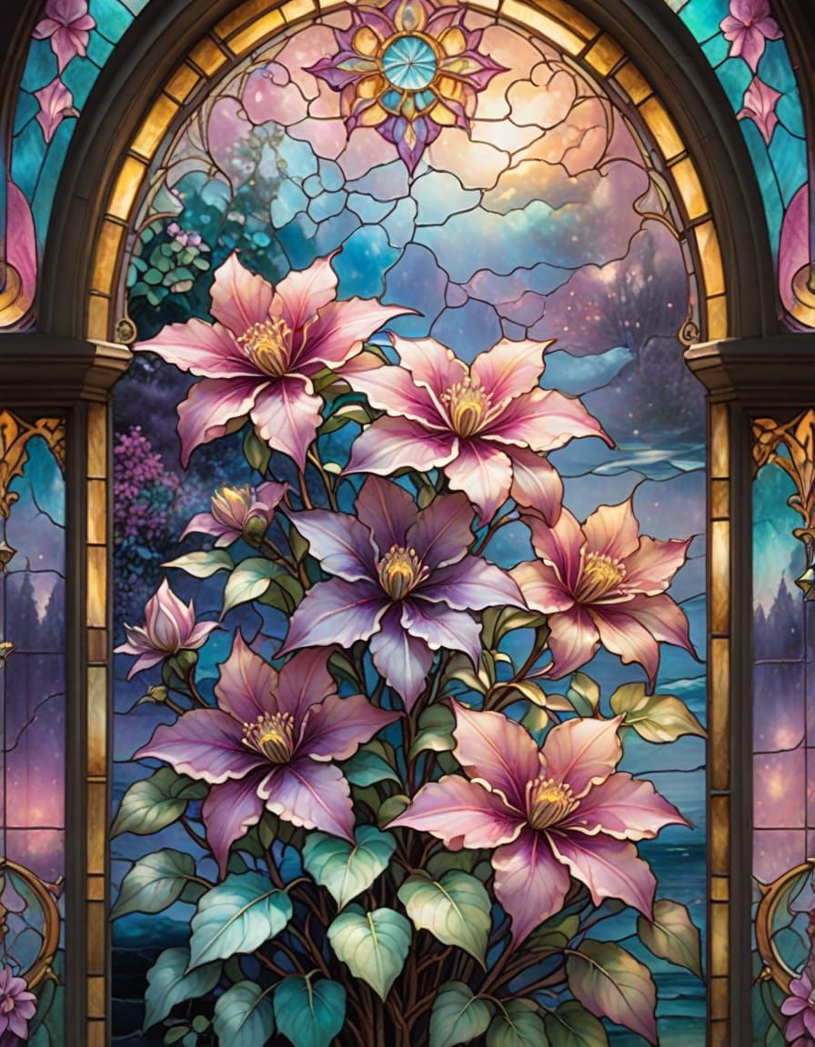 Stained Glass Clematis Window in Ethereal Mist