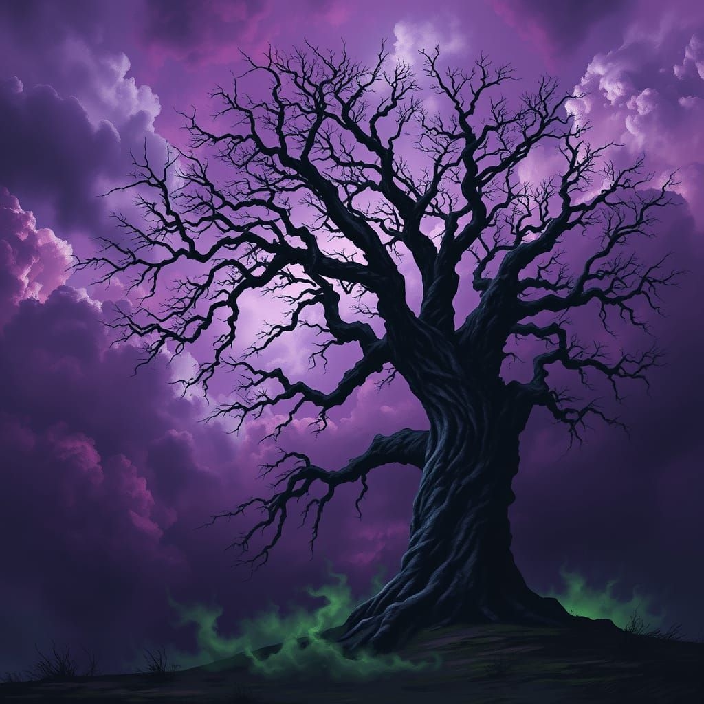 Ominous Gnarled Oak Under Stormy Sky