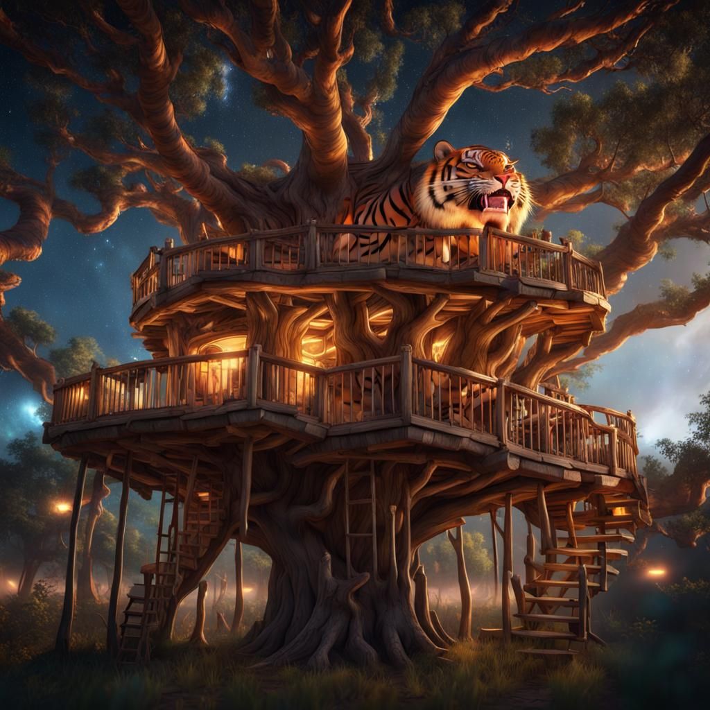 Intricate Tiger Treehouse with Glowing Eyes and Galaxy Sky