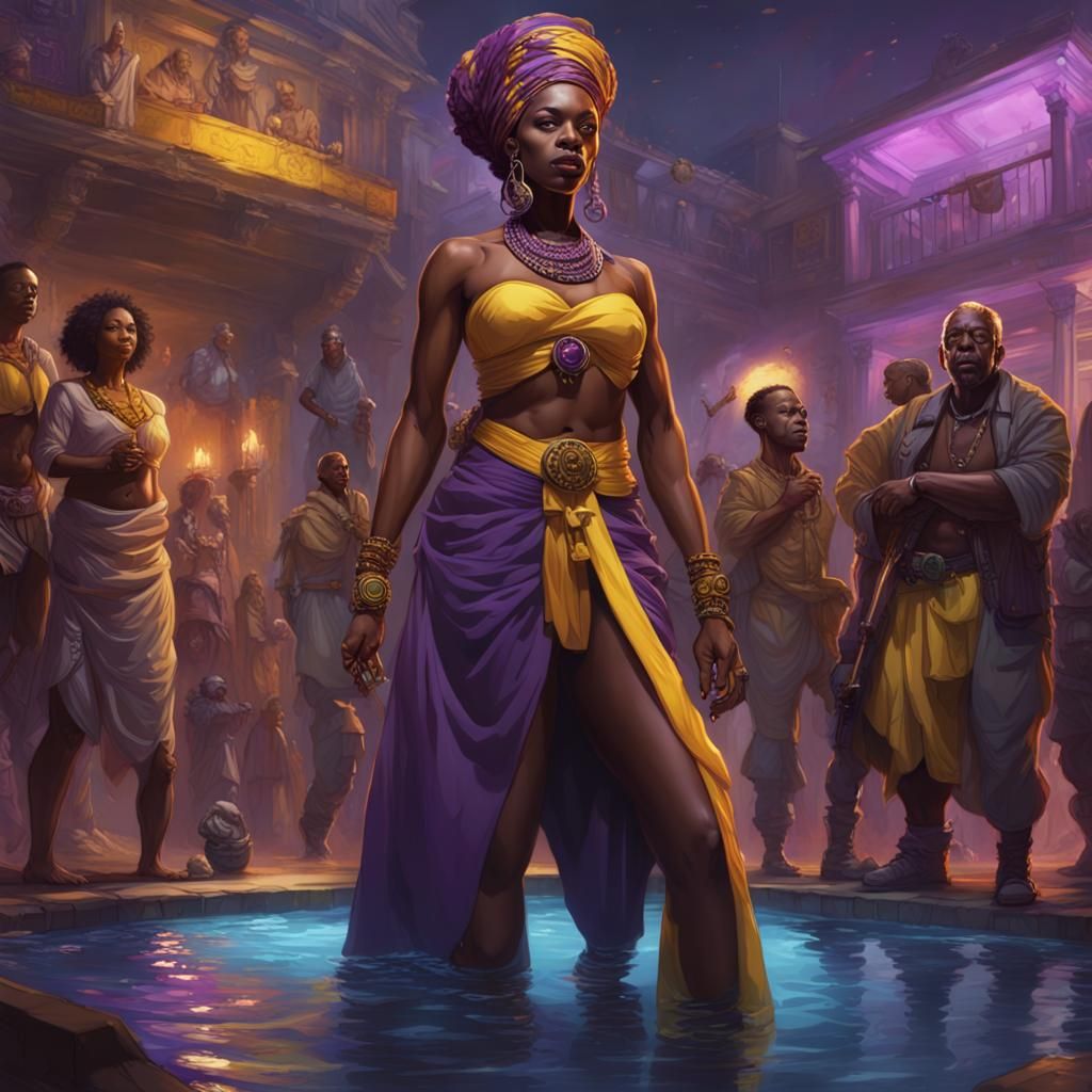 Afrofuturist Pool Party in Dark Fantasy Style