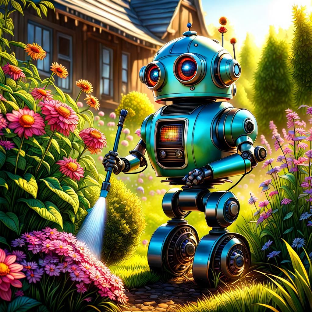 Cute Robot Waters Garden in Ultra HD