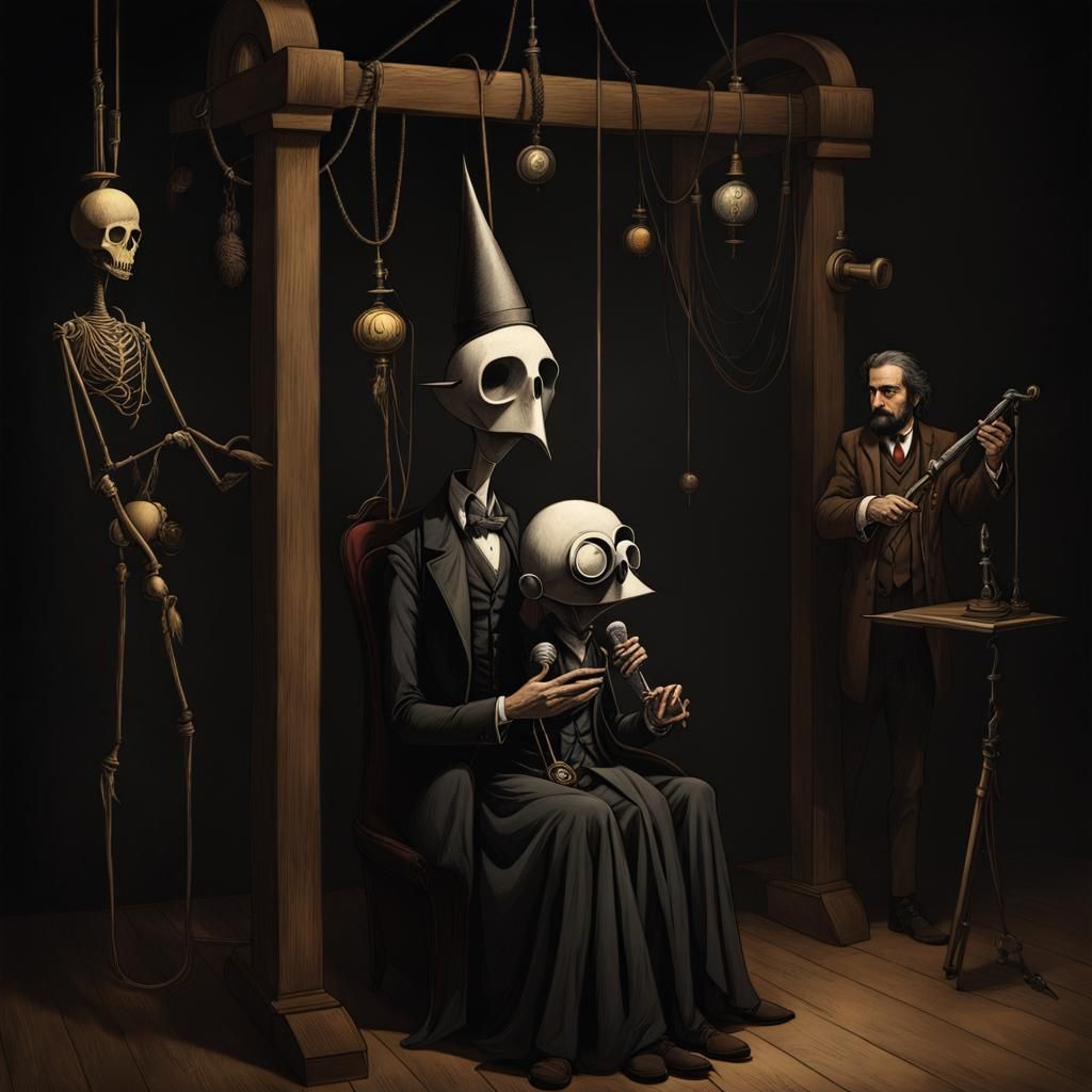 Eerie Puppeteer and Puppet in Dark Lineart Style