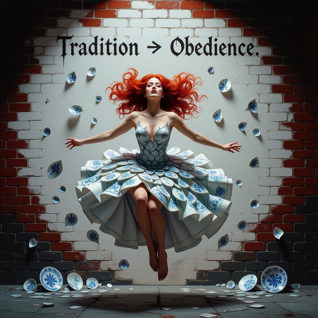 Woman in Porcelain Dress in Surreal Digital Painting