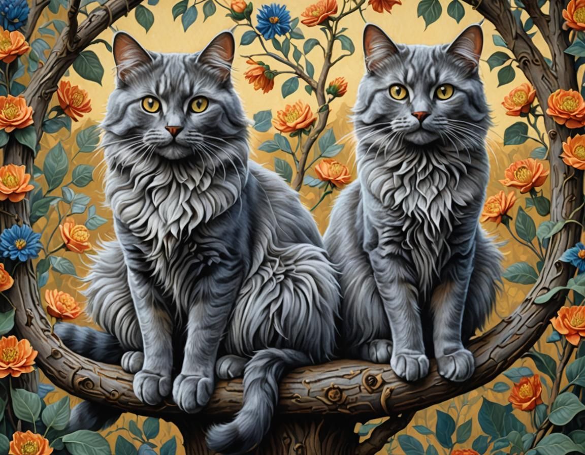 Fluffy Grey Cats on Cat Tree, Gouache Painting