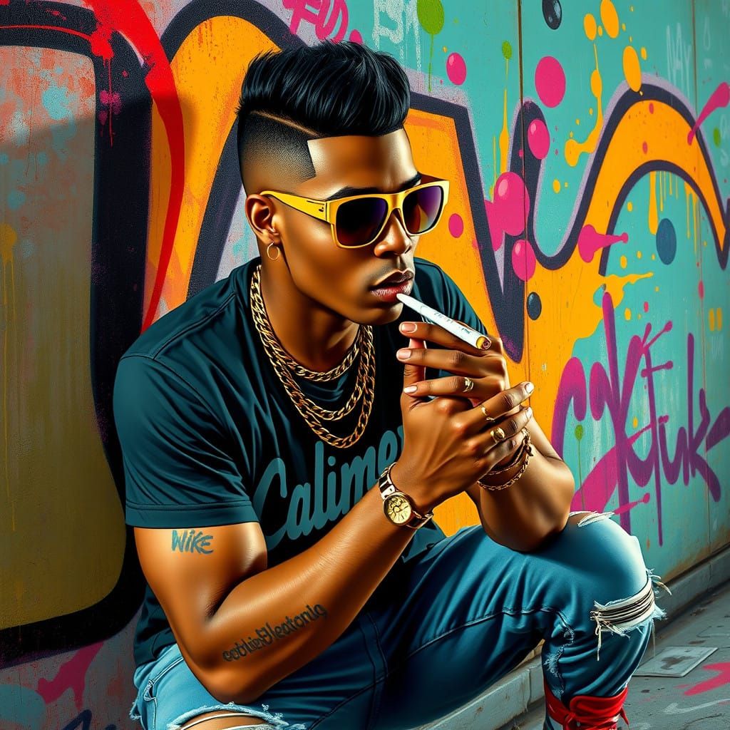 Rapper in Graffiti-Lined Urban Landscape with Hyperrealistic...