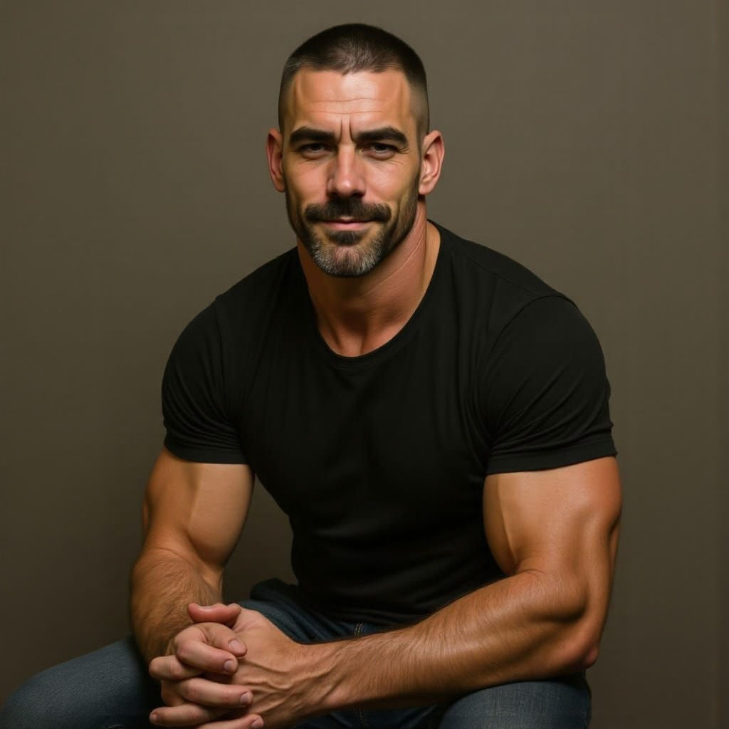 Rugged Scottish Man in Black Tee, Oil Painting