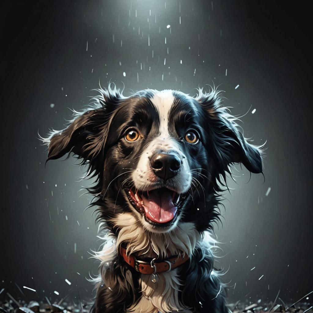 Wacky Border Collie Portrait in Black and White