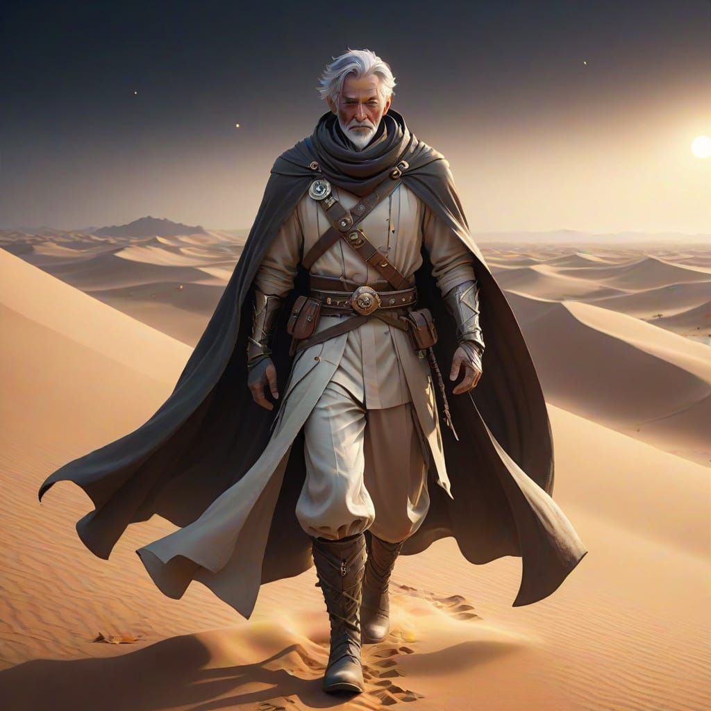 Heroic Desert Wanderer in Cinematic Anime Style