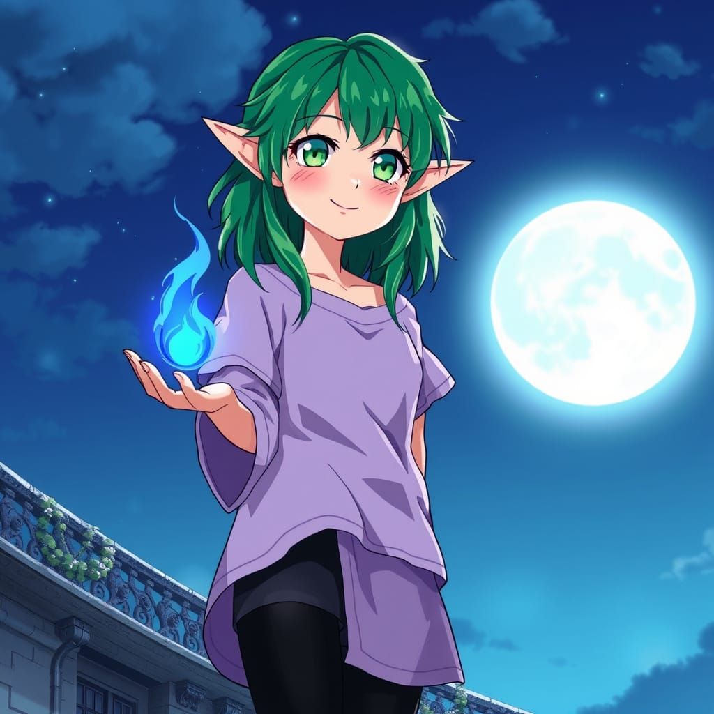 Enchanted Mage Gazes Up at Moonlit Sky with Magical Flame