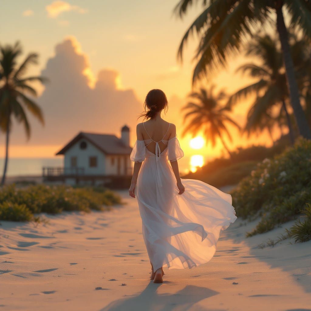 Woman in White Dress Walks Beach Path at Sunset