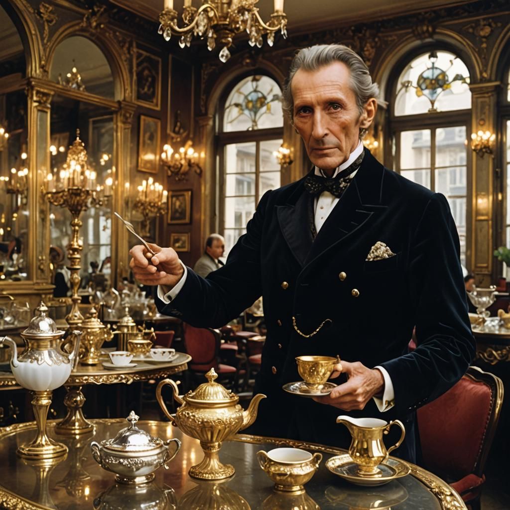 Peter Cushing in Ornate Parisian Cafe at Night