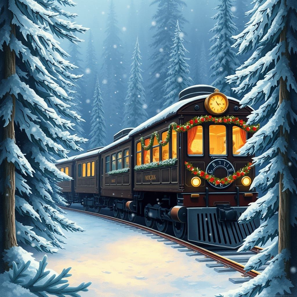 Festive Train in Snowy Forest