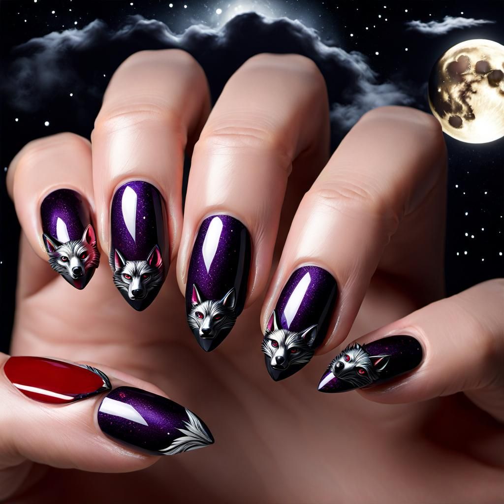 Beautiful feminine alluring full moon female werewolf nails art four fingers one thumb crimson nail polish