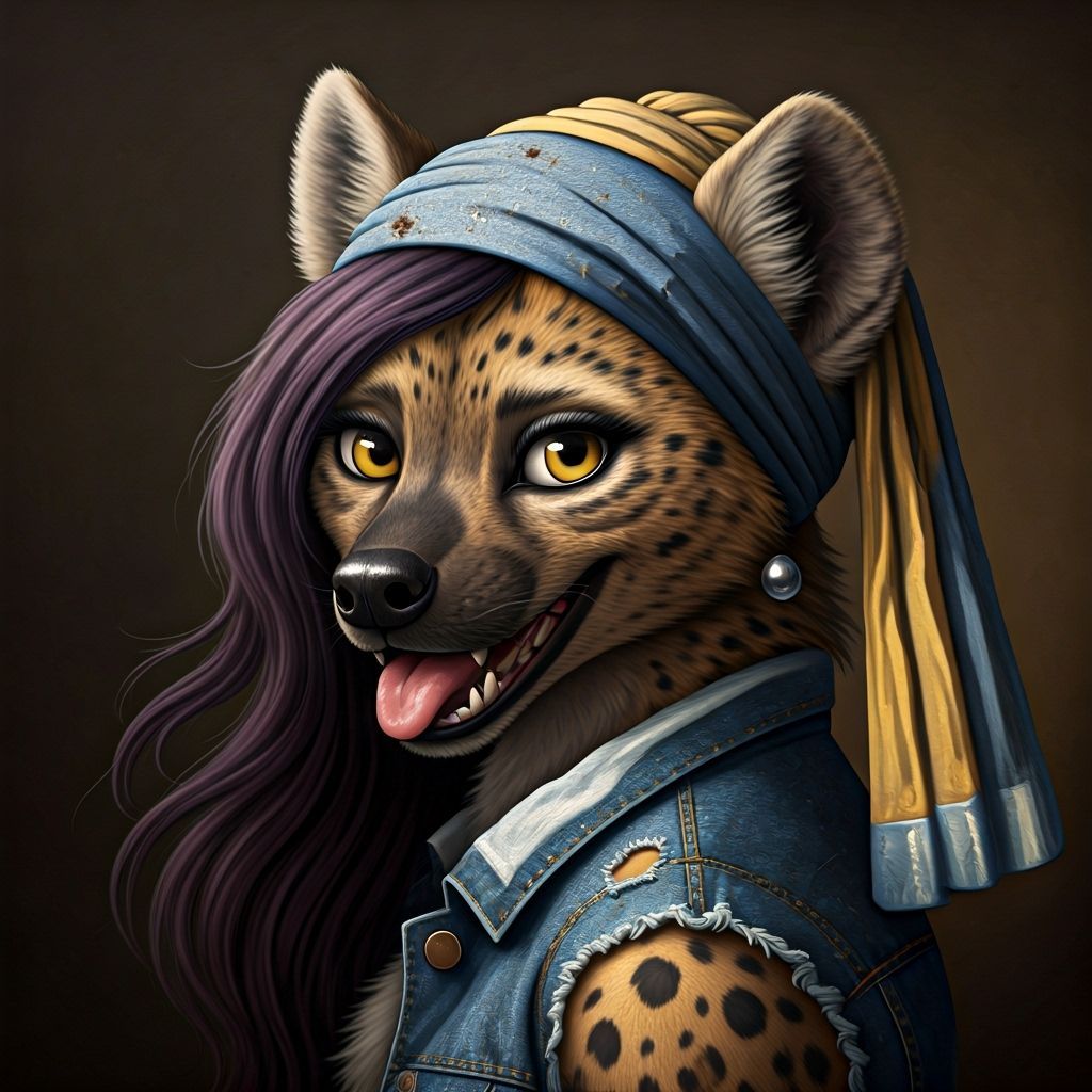 Anthropomorphic Hyena with Pearl Earring as Oil Painting