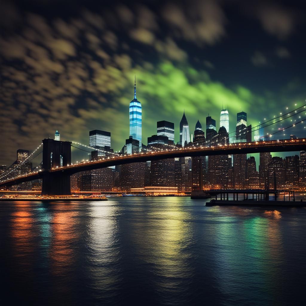 Manhattan Skyline at Night: Hyperrealistic Digital Art