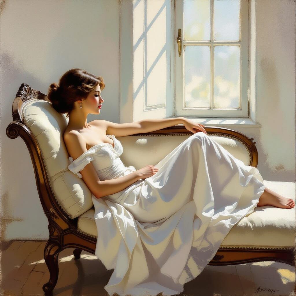 Impressionist Painting of Woman on Chaise Lounge