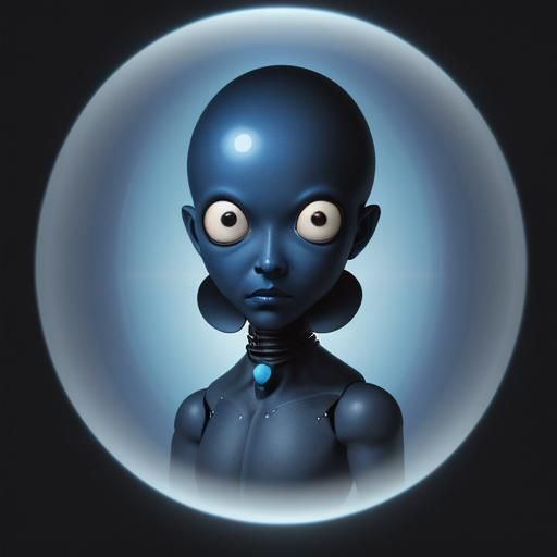 Blue Humanoid with Flying Saucer Background