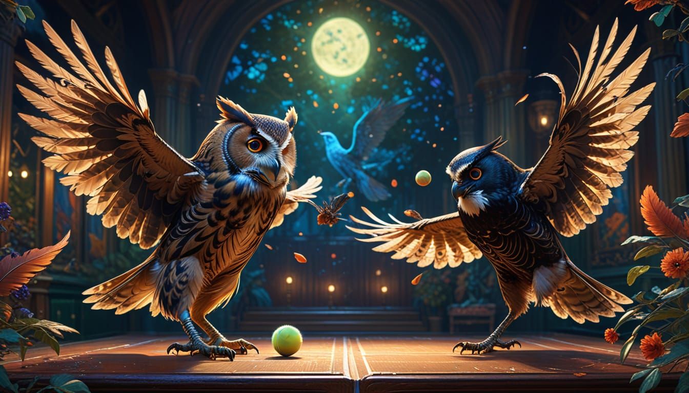 Owl and Crow Play Tennis in Vibrant Oil Painting