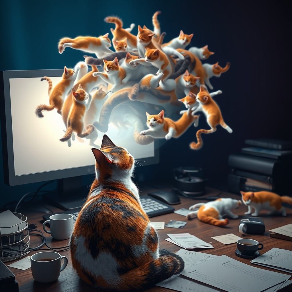 Calico Cat Surrounded by Whimsical Feline Vortex in Fantasy...